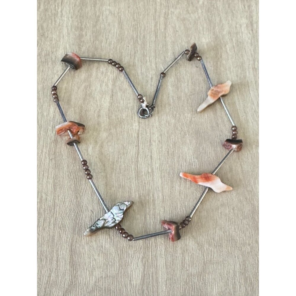 Vintage Southwestern Abalone Shell Bird Fetish Necklace With Brown Beads & Barre